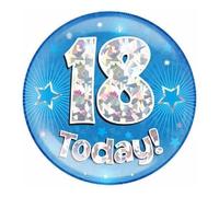 Age 18 Birthday Badge Blue And Silver Stars Holographic Recyclable 18th Birthday Party Badge OTB