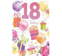 Age 18 Female 18th Birthday Card - Balloons Presents and Flowers with Pink Foil 9x6"