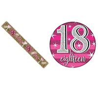 Age 18 Pink, Yellow And Silver Holographic Shiny Martini Glass 18th Birthday Party Kit Set (Banner And Giant Badge)