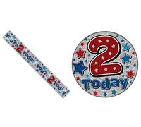Age 2 Blue, Red And Silver Holographic Shiny 2nd Birthday Party Kit Set (Banner And Giant Badge)
