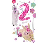Age 2 Female 2nd Birthday Card Rabbits 9" x 5" Lovely Verse