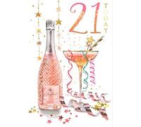 Age 21 Female Birthday Card - Pink Glitter Numbers, Cocktail & Flowers 9" x 6"