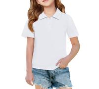 Age 3-12 Years Girls Short Sleeve Polo Shirt Classic Collared Button Placket Casual Knit Top for Kids School Uniform Plain Half Sleeve Childrens T Shirt PE Sports Wear Indoor Outdoor White