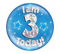 Age 3 Birthday Badge Blue And Silver Stars Holographic Recyclable 3rd Birthday Party Badge OTB