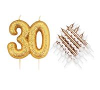 Age 30 Glitter Candle Set - Gold Numeral Birthday Candle with Metallic Star Candles & Holders - Cake Topper Decoration Kit for 30th Birthday Party - AMZ025