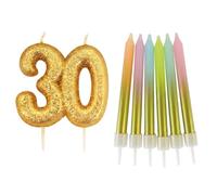Age 30 Glitter Candle Set - Gold Numeral Birthday Candle with Pastel Rainbow Ombre Candles - Cake Topper Decoration Kit for 30th Birthday Party - AMZ026