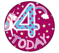 Age 4 Birthday Badge Pink Unicorn And Silver Holographic Recyclable 4th Birthday Party Badge