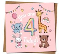 Age 4 Birthday Card for Kids - Cute Animals on Pink - You Are 4 Today - Elephant, Giraffe, Bear & Bunny - 145mm x 145mm Square - Child's 4th Birthday Card, Includes Kraft Envelope