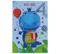 Age 4 Boy Birthday Card - 4th Birthday Dinosaur with Balloon & Foil 7.75x5.25