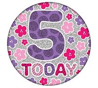 Age 5 Birthday Badge Pink, Fuschia, Purple And Silver Holographic Flowers Recyclable 5th Birthday Party Badge