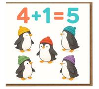 Age 5 Birthday Card for Kids - Cute Penguins in Woolly Hats, 4 + 1 = 5 Design - Fun Fifth Birthday Maths Theme - Child's 5th Card for Boy or Girl