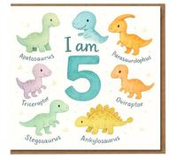 Age 5 Dinosaur Birthday Card for Kids - Cute 'I am 5' with Apatosaurus, Parasaurolophus, Oviraptor, Ankylosaurus, Stegosaurus & Triceraptor - Children's 5th Birthday