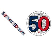 Age 50 Blue, Red And Silver Holographic Shiny 50th Birthday Party Kit Set (Banner And Giant Badge)