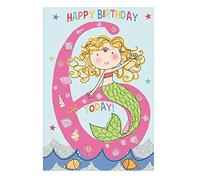 Age 6 Birthday Card - Pink 6 Mermaid, Sea Shells, Fish 7.5" x 5.25" A120