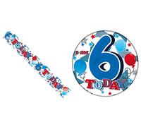 Age 6 Blue, Red And Silver Holographic Shiny 6th Birthday Party Kit Set (Banner And Giant Badge)