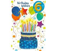 Age 6 Boy Birthday Card - 6th Birthday Blue Cake with Candles Balloons 7.75x5.25