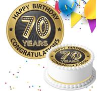 AGE 70 70th BIRTHDAY BLACK & GOLD PRE-CUT 7.5 INCH EDIBLE ICING CAKE TOPPER DECORATION