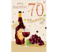Age 70 Male Birthday Card 70th Birthday Red Wine Bottle and Glass with Gold Foil 7.75x5.25"