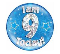 Age 9 Birthday Badge Blue And Silver Stars Holographic Recyclable 9th Birthday Party Badge OTB