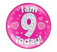Age 9 Birthday Badge Pink And Silver Stars And Hearts Holographic Recyclable 9th Birthday Party Badge OTP