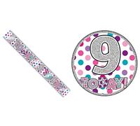 Age 9 Pink, Purple And Silver Holographic Polka Dot Shiny 9th Birthday Party Kit Set (Banner And Giant Badge)