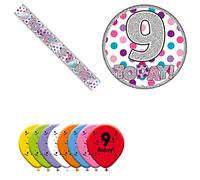 Age 9 Pink, Purple And Silver Holographic Polka Dot Shiny 9th Birthday Party Kit Set (Foil Banner,Giant Badge, Latex Balloons)