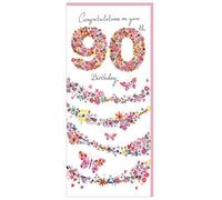 Age 90 Birthday Card (PR-DYP220) - 90th Birthday - Floral & Butterflies - From The Daisy Patch Range - Foiled Finish