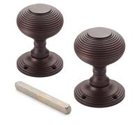 Aged Bronze Beehive Mortice Door Knobs Pair - Solid Brass Victorian Style Sprung Door Handles with Backplates - 55mm Traditional Interior Door Hardware