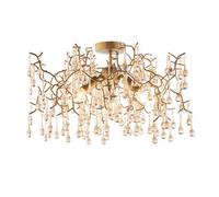Aged Gold Semi Flush Ceiling Light with Glass Droplets 3 Bulb Low Hanging Light