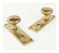 Aged Unlacquered Solid Brass New York Round Door Knobs Handles on Lock Backplate