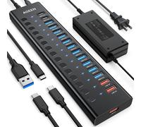 AGEEN 16-Port Powered USB Hub - 10Gbps SuperSpeed Data Splitter with 2 USB-C & 11 USB-A Ports, 3 x 24W QC 3.0 Fast Charging Ports,Individual On/Off Switches, 96W Power Adapter for Laptop, PC, Mac