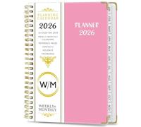 Agenda 2026, Daily Planner 2026, Spiral-bound Monthly and Weekly Calendar Planners with Labels and Inner Pockets, Great Stationery Item for Office, Home and School, A5 (Pink)