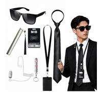 Agent Costume Accessories 6Pcs,Secret Security Service Spy Outfit With Eraser Keychain,Flashlight Tie Headset Sunglasses,Card Holder In Black Costume Men For Halloween World Book Day Cosplay(keychain)