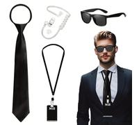 Agent Costume Accessories Set - 4PCS Spy Costume Kit with Black Tie, Thin-Frame Glasses, Earpiece & ID Badge, Secret Agent Outfit for Halloween, Christmas, Cosplay, Role-Playing & Party Dress-Up