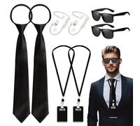 Agent Costume Accessories Set - 8PCS Secret Spy Costume Kit with Thin Frame Glasses, Black Necktie, Earpiece, ID Badge & Lanyard, Classic Secret Agent Outfit for Teens & Adults, Cosplay Party Props