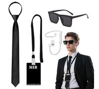 Agent Costume Accessories Set, Secret Agent Fancy Dress Kit, Secret Agents Costume with Black Sunglasses Zip Tie Earpiece Id Card and Black Lanyard for Adults Halloween Cosplay Carnival Dress Up Party