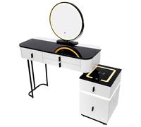 AGGBDYXO Bluetooth Vanity Desk with Glass Top - Stylish Dressing Table with Round Mirror, 3 Drawers and Storage Cabinet for Bedroom or Bathroom