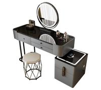 AGGBDYXO Dressing Table for Bedroom, Makeup Table with Stool, Vanity Desk with Mirror and Lights, Glass Top, 5 Drawers, Reversible Side Cabinet, Bluetooth Speaker, USB Port,Grey,100cm