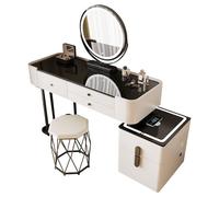 AGGBDYXO Dressing Table for Bedroom, Makeup Table with Stool, Vanity Desk with Mirror and Lights, Glass Top, 5 Drawers, Reversible Side Cabinet, Bluetooth Speaker, USB Port,White,80cm