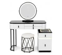 AGGBDYXO Dressing Table with LED Mirror and Stool, 100cm Vanity Desk with Wireless Charging, Bluetooth Speaker, Tempered Glass Top, Reversible Side Cabinet, White Makeup Table for Bedroom
