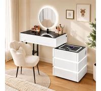 AGGBDYXO Luxury Solid Wood Dressing Table Set with LED Mirror, Vanity Desk with Wireless Charging, Bluetooth Speaker, Tempered Glass Top, Reversible Storage Cabinet & Chair for Bedroom,White,100cm