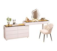 AGGBDYXO Modern Dressing Table Set with LED Mirror, 8 Drawer Vanity Desk with Glass Top, Bluetooth Speaker & USB, Pre Assembled Makeup Table with Reversible Storage Cabinet