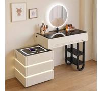 AGGBDYXO Modern Dressing Table with Mirror and Lights, Glass Top Vanity Desk with 5 Drawers, LED Ambient Lighting, Wireless Charging, Bluetooth Speaker for Bedroom,khaki,80cm