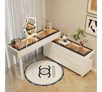 AGGBDYXO Modern Glass Top Vanity Table with 3-Color Adjustable Mirror, Bluetooth Speakers, USB Charging Ports - Stylish 2-Drawer Vanity & 6-Drawer Storage Cabinet