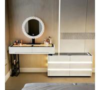 AGGBDYXO Modern Vanity Table with LED Mirror, Glass-Top Dressing Table with Bluetooth Speakers & Wireless Charging, Ideal for Bedroom & Dressing Room Makeup Desk