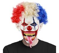 AGGOIMIKOT Halloween Scary Clown Mask with Red White Blue Hair Horror Half Face Long-Tongued Clown Mask Halloween Cosplay Accessories