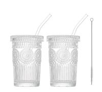 AGH life 4PCS 375ML Ribbed Glass Cups with Lids and Straws, Iced Coffee Cup Set, Clear Drinking Glasses, Glass Water Tumber for Coffee, Milk, Yoghurt, Juice, Soda (Vintage Sunflower-Glass Lid, 2 PCS)