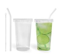 AGH life 4PCS 375ML Ribbed Glass Cups with Lids and Straws, Iced Coffee Cup Set, Clear Drinking Glasses, Glass Water Tumber for Coffee, Milk, Yoghurt, Juice, Soda (Ribbed-Glass Lid, 2 PCS)