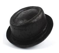 AGHH Classic Porkpie Vintage Leather pork pie Fedora Hat Men Boater Flat Top Hat For Gentleman Bowler Gambler Top Hat Big (Color : Black, Size : 58-59cm)