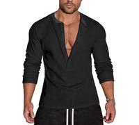 Agilelin Men's Waffle Henley 5 Buttons Short Sleeve/Long Sleeve Regular Fit Stylish Shirts Casual T-Shirt, 1-Long/Black, L
